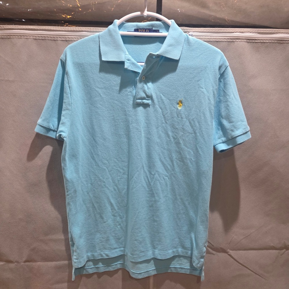 Polo Ralph Lauren Mens Light Blue Pique Cotton Polo Shirt Yellow Pony Size M - Picture 2 of 7